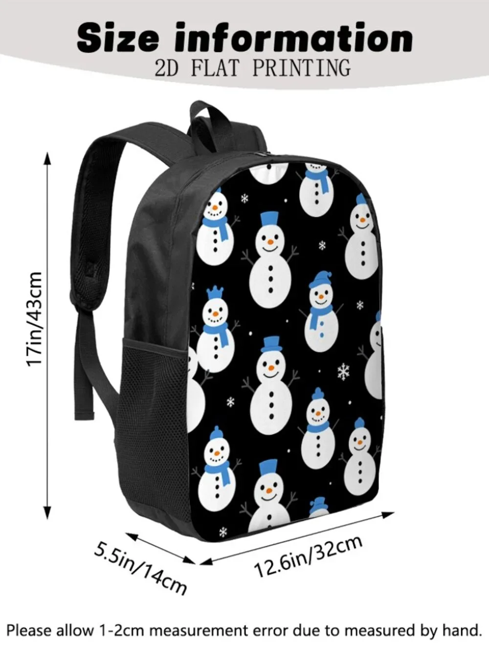 Snowman Christmas Backpack, Winter Cute Snowflake Print Casual Daypack 17 Inch L
